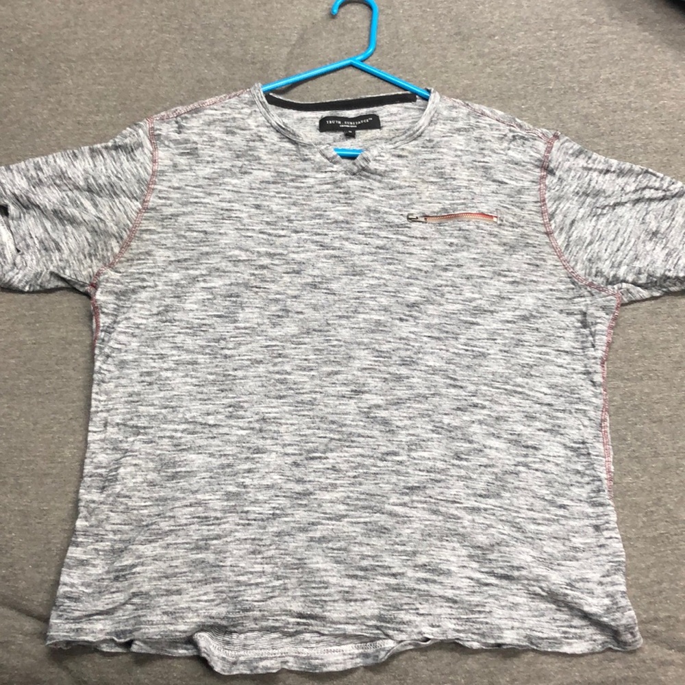 Truth and Substance short sleeve shirt. Gray and black marbling w/ red stitch